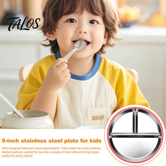 Silicone Sleeve Toddler Plate Baby with Suction Base 3-Section Divided Stainless Steel Safe Cup Dish 9" Unbreakable Anti Breakage Metal Bowls