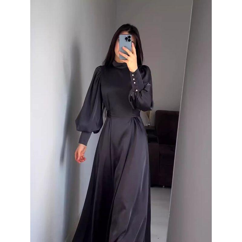 Magic Queen Spring & Fall Girdle Pure Color Long-Sleeved Bubble Sleeve Silm Belt Retro Robe Dress Dress