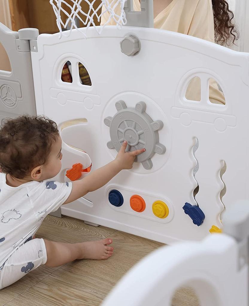 UBRAVOO Foldable Playpen with Mini Basketball Hoop and 50 Colorful Ball Pit, Baby and Toddler Car Playpen, Fun Indoor Activity Center