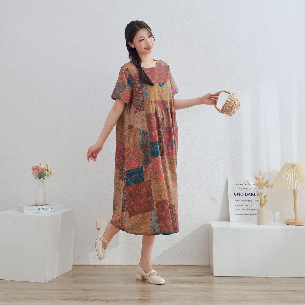 DIMANAF 2025 Women Plus Size Summer Dress Casual Floral Dress Basic Vintage Loose Long Dress Maxi