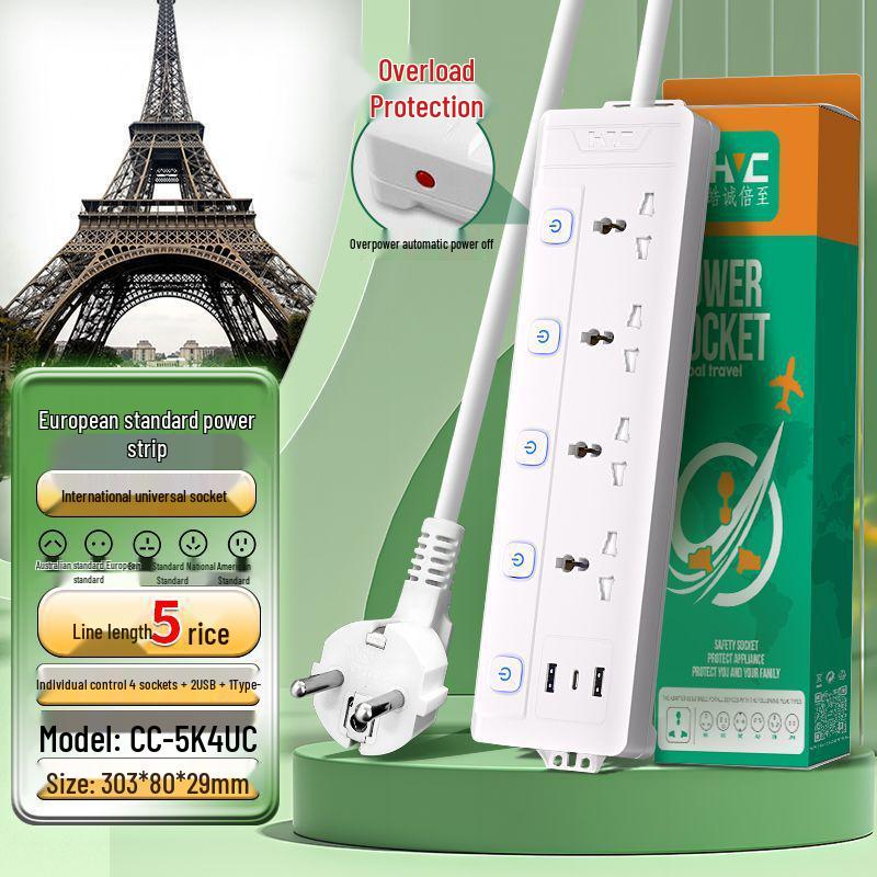European Standard German Power Strip Extension Cord Adapter for Cross-Border Use