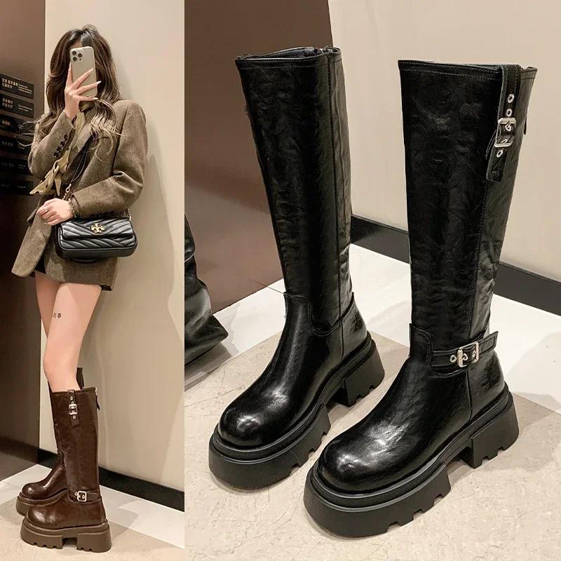 Motorcycle Boots Retro Belt Buckle Round Head High Waterproof Platform Zipper Long Womens Fashion Boots Brown Black Botas Mujer