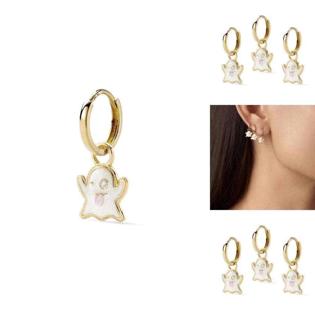 Elegant White Diamond-studded Ghost Alloy Pendant Earrings Set For Multiple Piercings