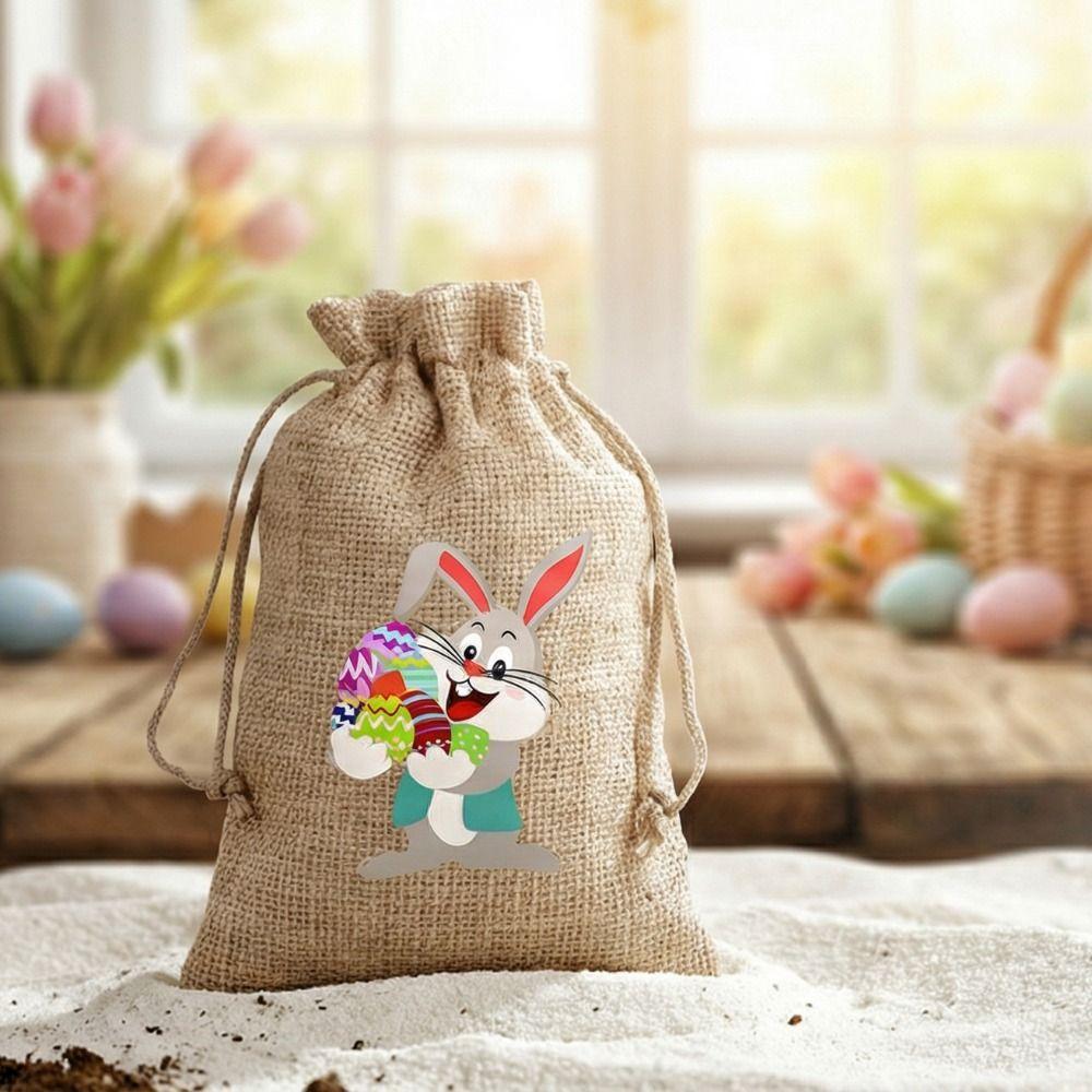 12 pieces/set Cartoon Easter Rabbit Gift Bag Vintage Reusable Rabbit Drawstring Bag Linen Easter Party Favor Holiday