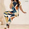 Women Plus Size Geometric Printed Round Neck Short Sleeve Long Top Fitted Pants Two Piece Set