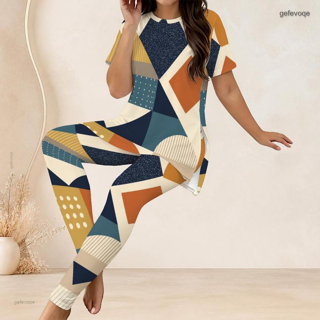Women Plus Size Geometric Printed Round Neck Short Sleeve Long Top Fitted Pants Two Piece Set