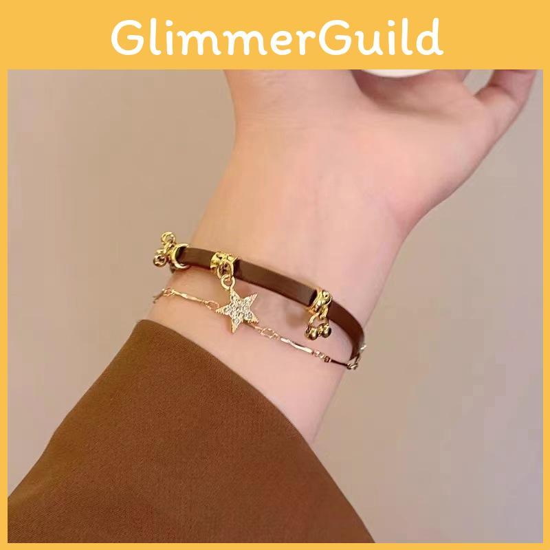 Leather Elegant Coffee Star Bracelet For Women Trendy Artistic Accessory Winter