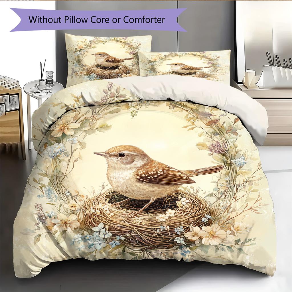 Bird's Nest with Flower Wreath  Pattern Bedding Quilt Set  Home Decoration  Gift (1 * duvet cover + 2 * pillowcase, without core)