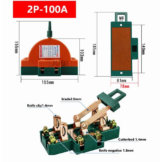 (1)High quality 2P knife switch 32A 63A 100A two-phase knife switch high power 220V double throw Disconnector