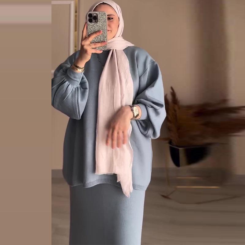 Herbst 2024 Europäisches & Amerikanisches Einfarbiges Lockeres Stricktop und A-Linien-Rock Set