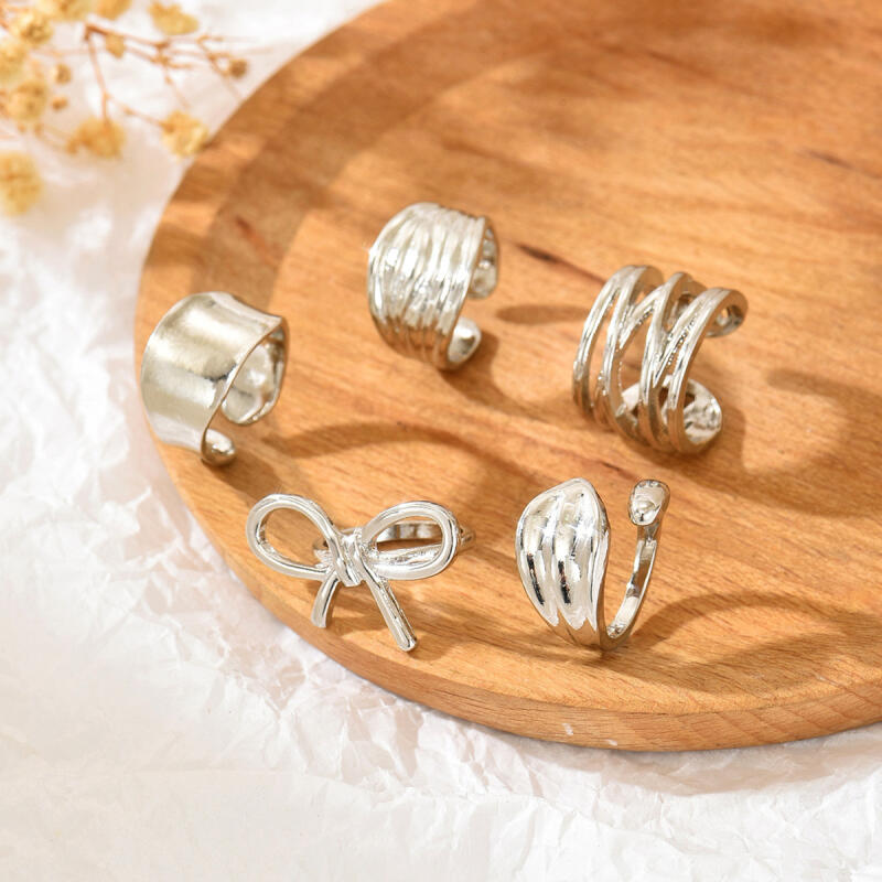 5Pcs/Set Geometric Irregular Metal Lines Opening Rings for Women Men Exaggerated Bow Knot Finger Rings Party Jewelry Accessories