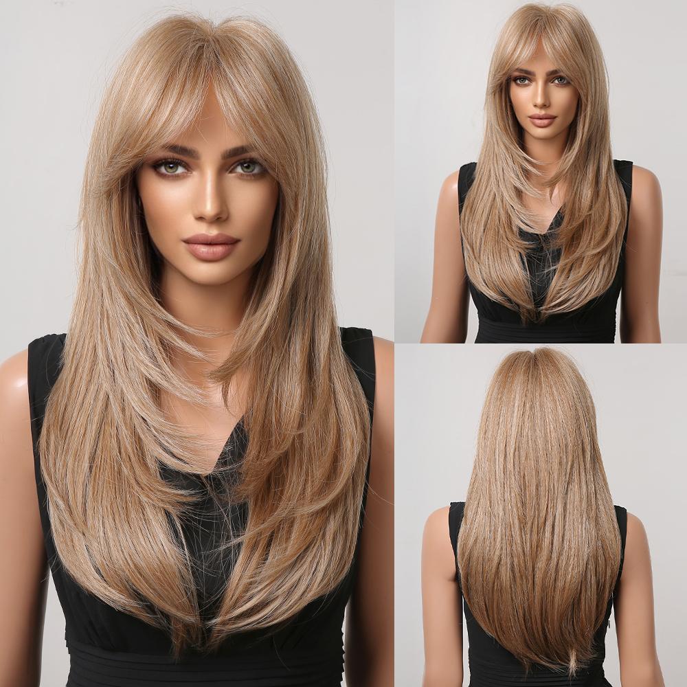 

HENRY MARGU Длинные прямые синтетические парики Темно-черные коричневые волосы с омбре с челкой для чернокожих женщин Повседневные термостойкие парики для косплея LC259-22