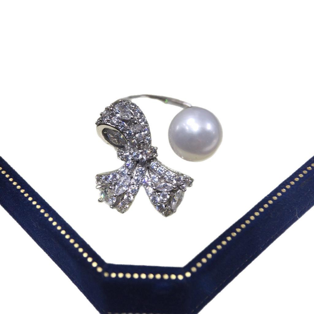 Natural Freshwater Pearl Ring with a Light Luxury and High-end Feel, Fully Inlaid with Cubic Zirconia, Three-dimensional Bow, Exquisite Pearl Jewelry
