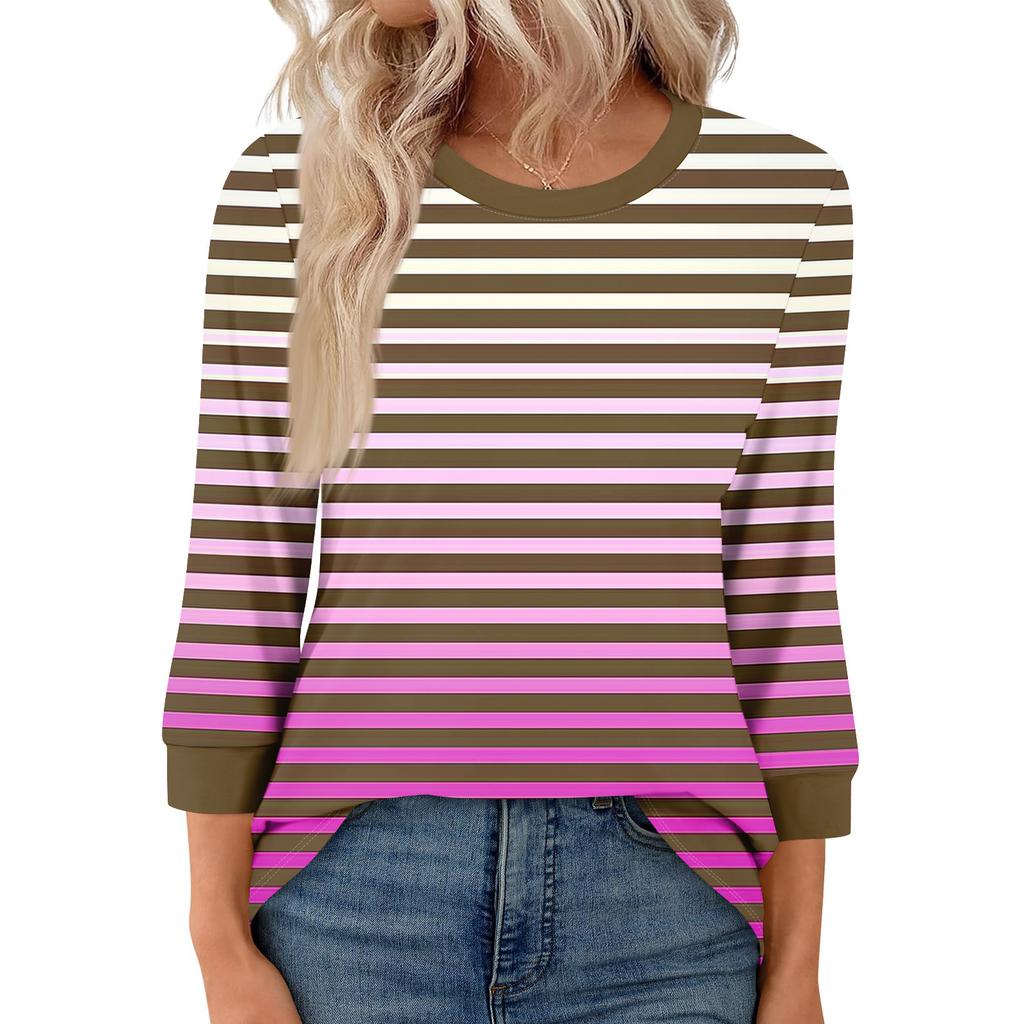 Women's Fashion Casual Seven Sleeve T-Shirt Print Round Neck Top