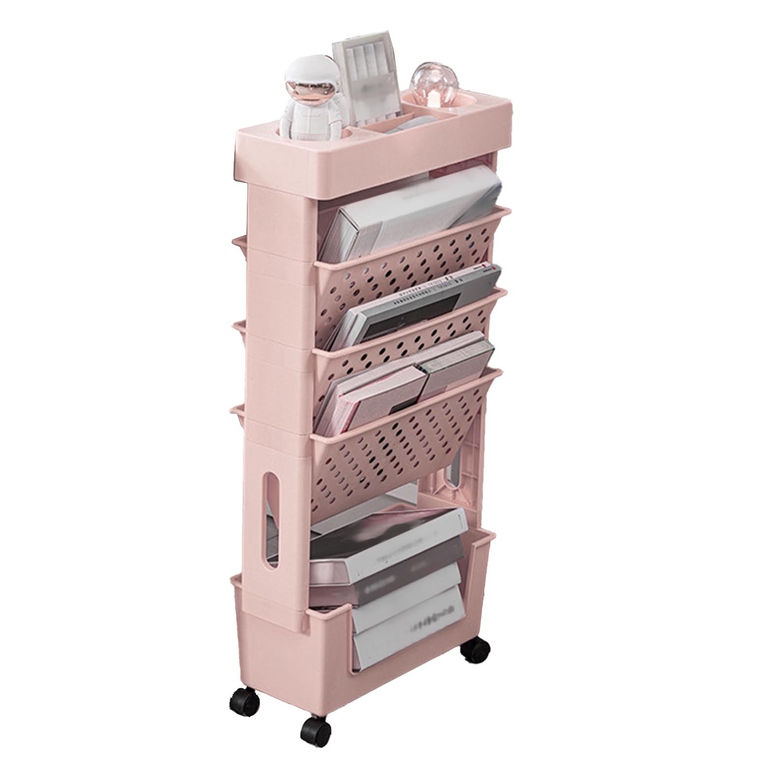 Передвижная книжная полка многоцелевая большая вместимость многослойная 4-колесная настольная книжная полка для O Pink