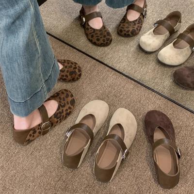 Automne rétro polyvalent imprimé léopard chaussures Mary Jane pour femmes à fond plat confortables à une pédale deux portés bouche légère chaussures simples