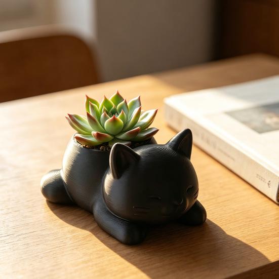 3D Printed Cat Planter Pot Lying Kitten Succulents Herb Plants Flower Pot Container for Indoor Outdoor Home Balcony Garden Decor