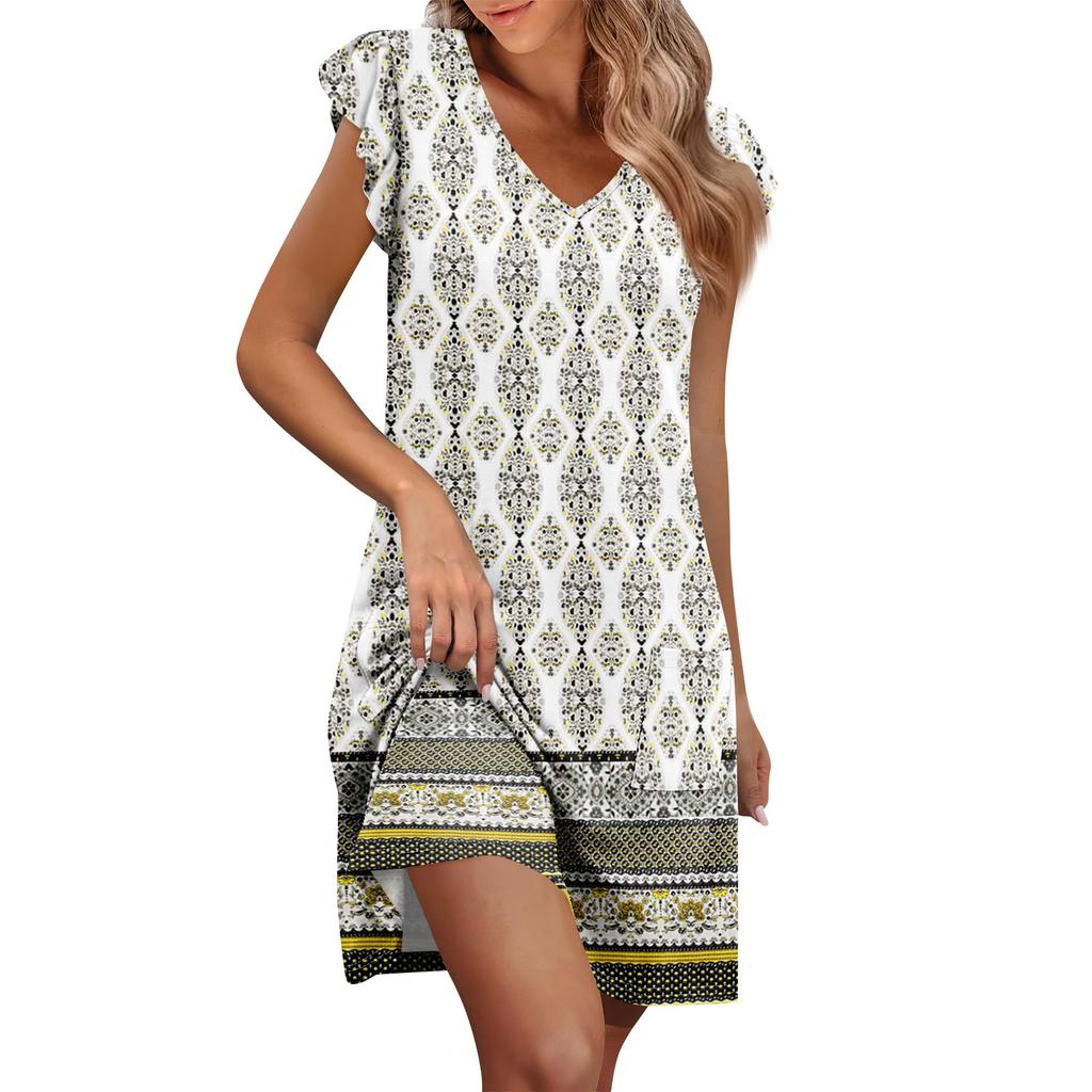 Womens Summer Dress Ruffle Sleeve V Neck Short Dresses Fashion Casual Flowy A Line Swing Sundress With Pocket