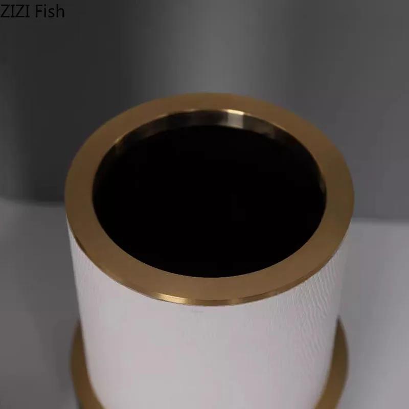 Gold Plated Cylinder Vase Leather Vases Desk Decoration Artificial Flower Decorative Flower Arrangement Room Aesthetic Decor