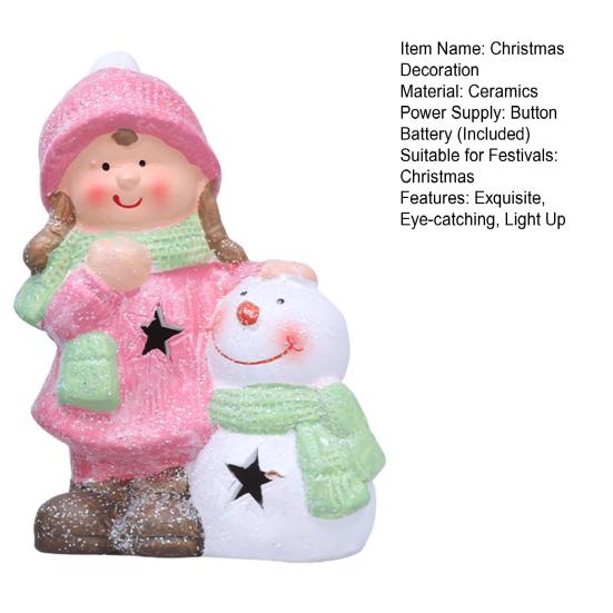 Lighted Ceramic Christmas Figurine Cute Light Up Boy Girl Tree Snowman Statue for Holiday Winter Indoor Mantel Tabletop Fireplace Decor