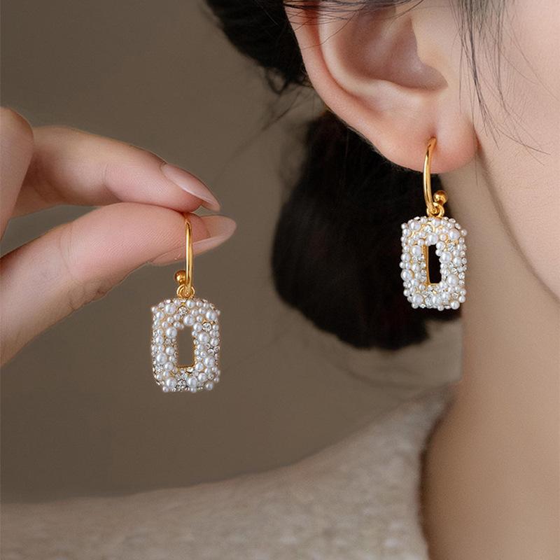 European and American retro diamond-set geometric square pearl stud earrings temperament earrings women