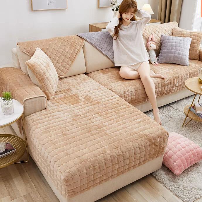 Plyšový polštář na pohovku v jednotné barvě, podzimní a zimní protiskluzový jednoduchý polštář, zimní flanelový zesílený přehoz na pohovku