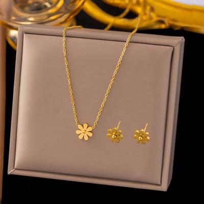 Classic Gold Stainless Steel Small Daisy Flower Pendant Necklace for Women Charm Sunflower Collar Earring Jewelry Set Gift