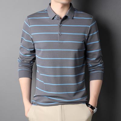Frühling Neue Mode Lässig Jung- und Mittelalterliche Herren Gestreiftes Dünnes Revers Poloshirt Langarm T-Shirt