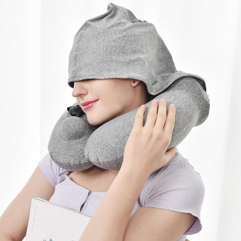 Press-Type Inflatable U-shaped Travel Neck Pillow with Hood