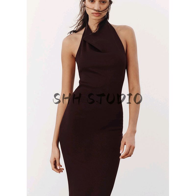 Spring New Women's Clothing Vertical Open Back Hanging Collar Sleeveless Elegant Long Midi Skirt Dress 1044155