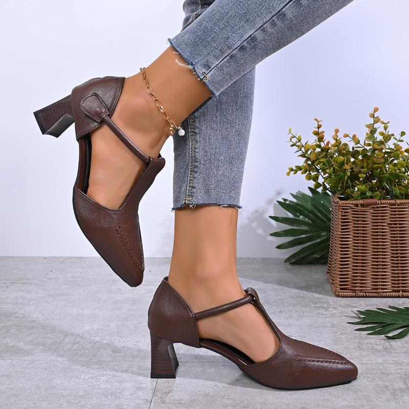 Women's High Heels Shoes Narrow Band T-strap Thick Med Heel Elegant Ladies Daily Slim Dress Pointed Toed Women Single Shoes