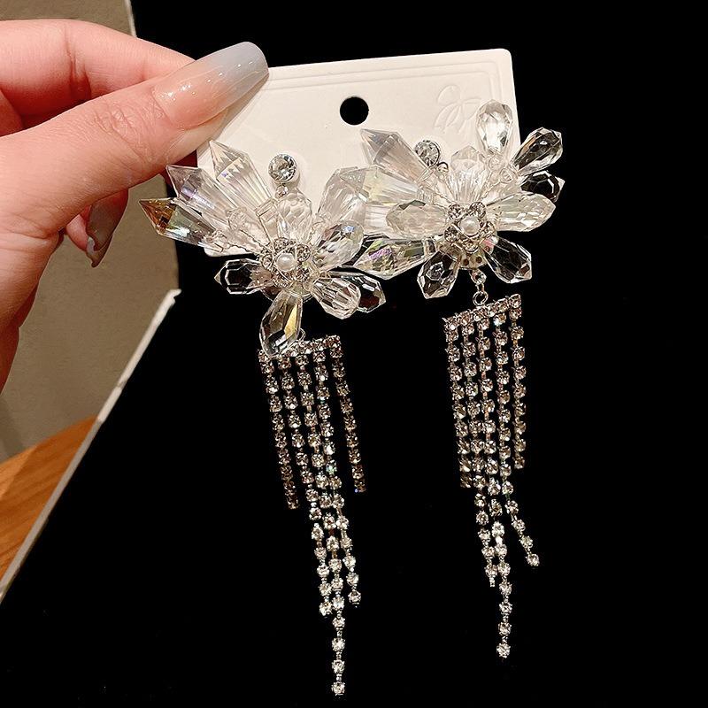 Silver Needle Diamond Flower Water Drop Tassel Earrings Exaggerated Earrings Light Luxury Premium Earrings Women