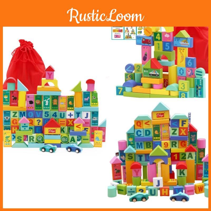 50pc Wooden Early Learning Blocks Kids Educational Toddlers Toy Set