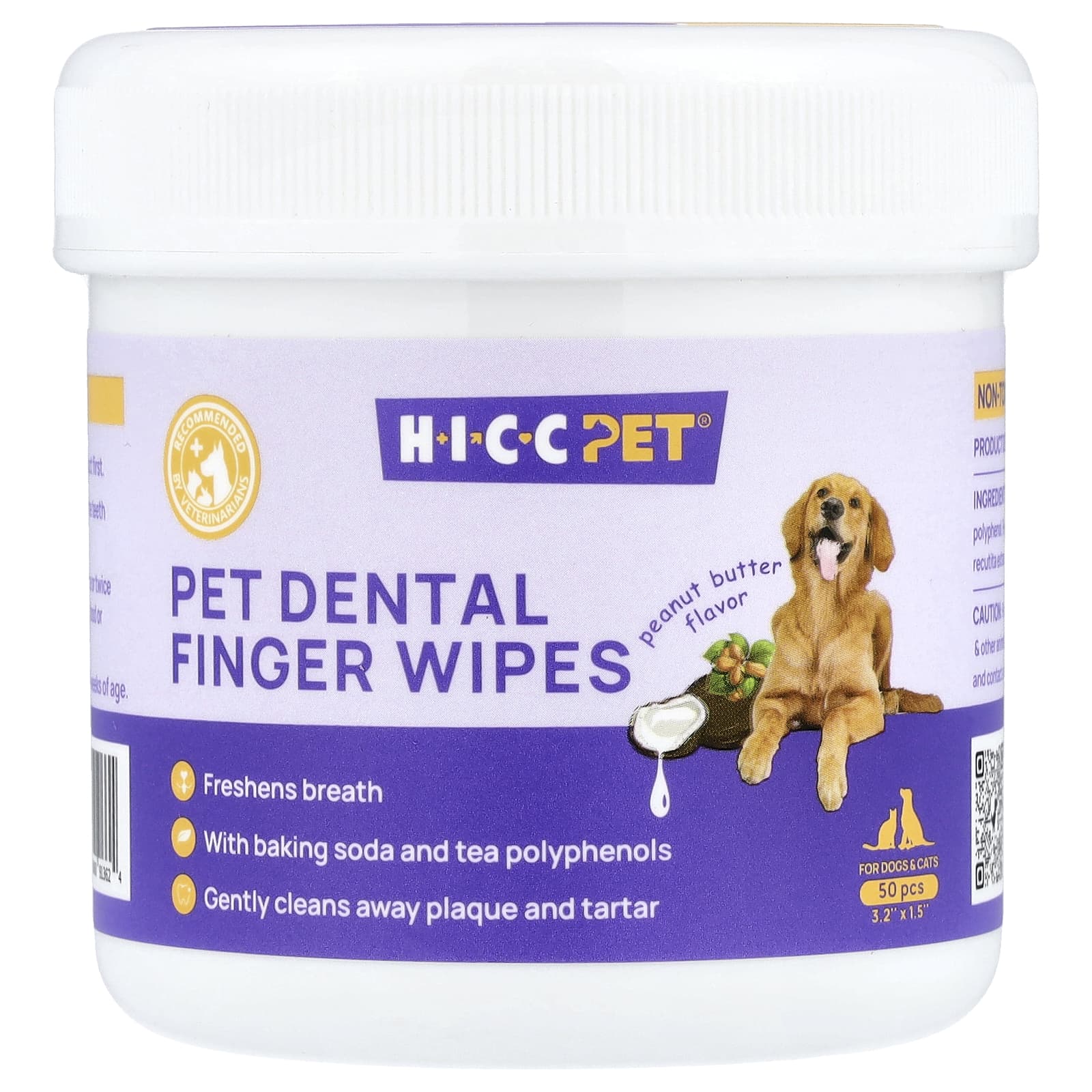 

HICC Pet, Влажные салфетки для зубов питомцев, для собак и кошек, арахисовая паста, 50 штук