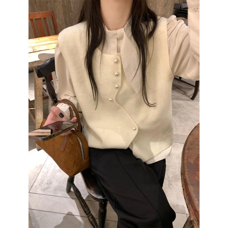 Designed irregular button sweater vest women's winter sleeveless layered solid color sweater vest top