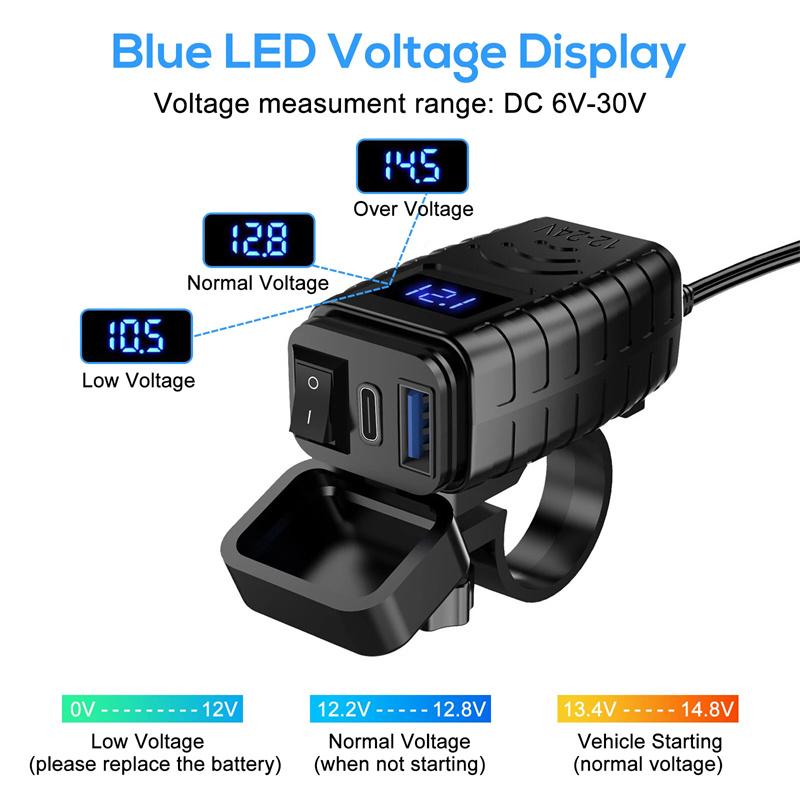 Motorcycle Usb Charger Total 48W Dual Usb Type C Pd & Quick Charge 3.0 Motorcycle Phone Charger With Voltmeter & On/Off Switch