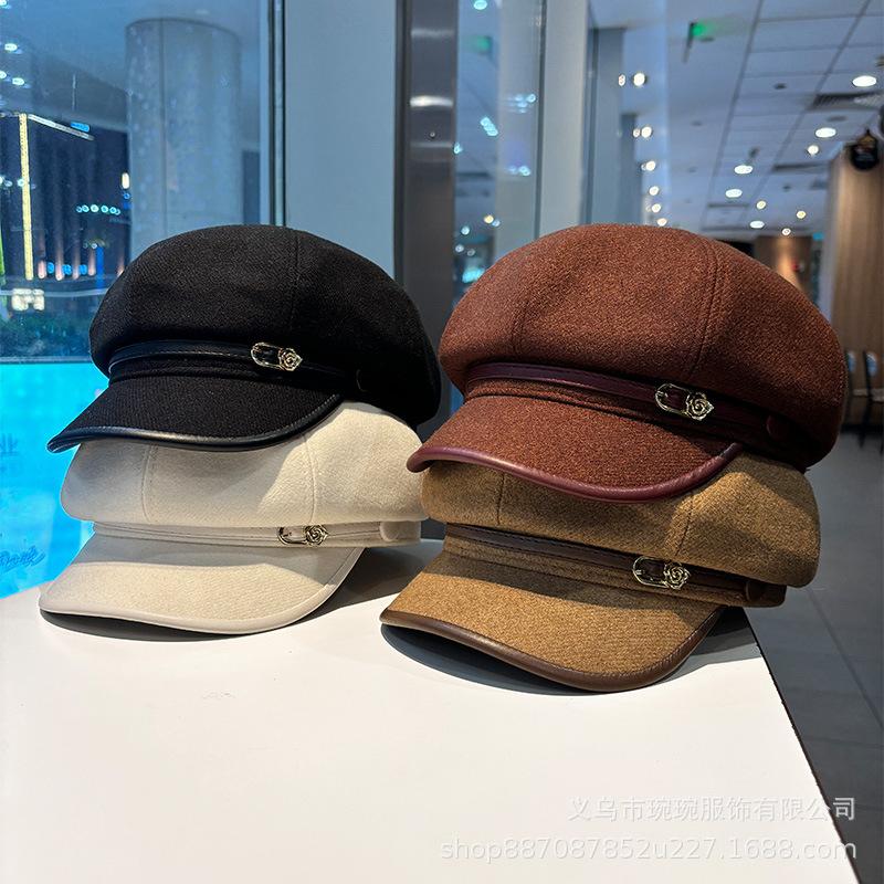 New British style duck tongue octagonal hat autumn and winter wide brim versatile face small beret fashion temperament painter hat