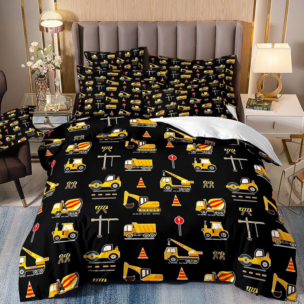 Construction Vehicle Excavator Truck Fire Truck 3D Digital Printing Bed Three-Piece Quilt Kit