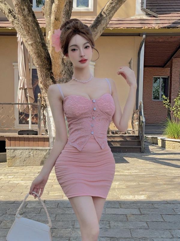 9823 Sexy Waist-Cinching Slimming Camisole Dress with Low-Cut Mesh Splice and Irregular Tight Bodycon Mini Skirt