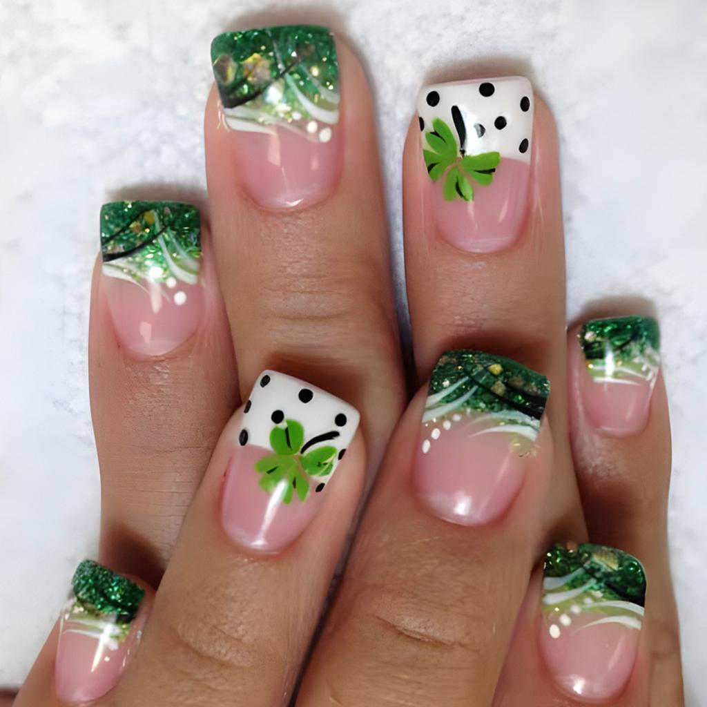 24 Pcs French Tip Press On Nail Short False Nail Shamrocks Stick On Nail Saint Patricks Day Acrylic Nail for Woman