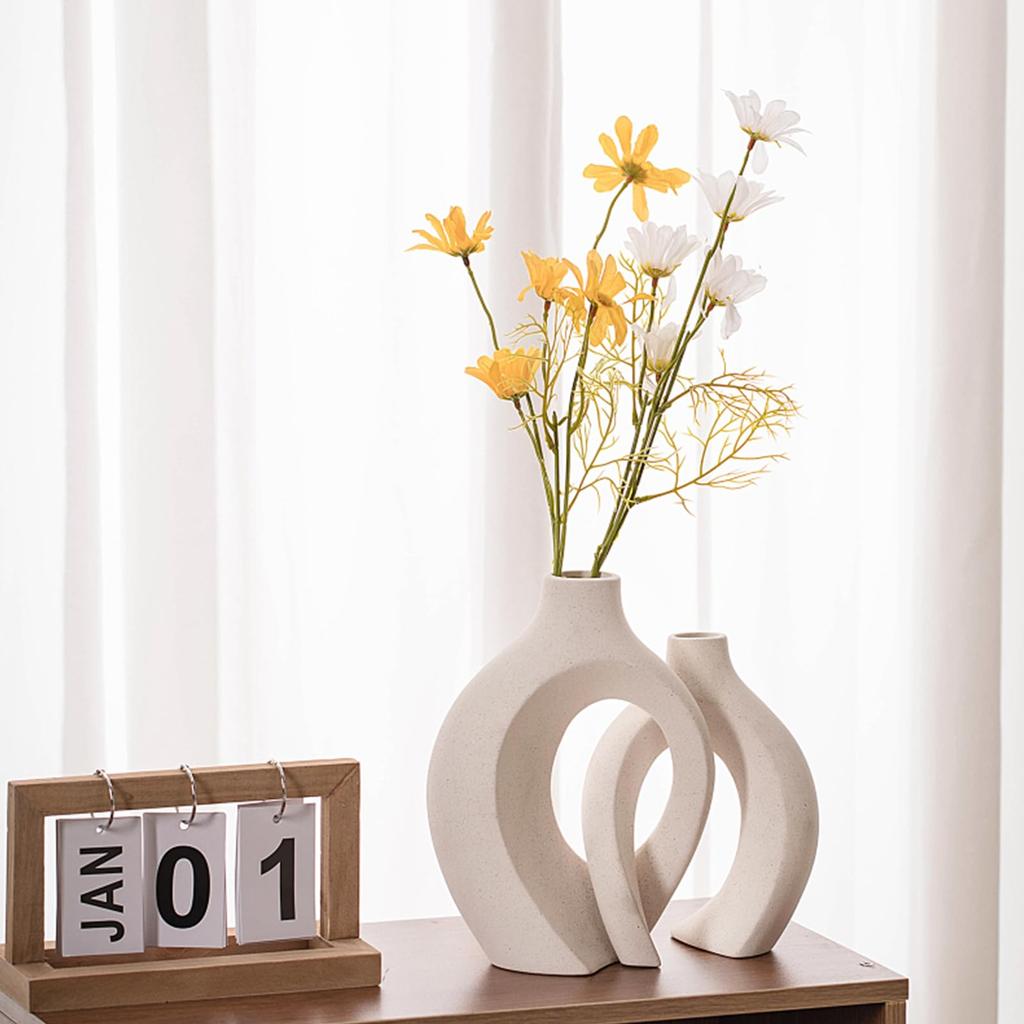 Levvohd Stylish Vase for Home Decor, Ceramic Base, Hollow Ceramic Single Flower Vase, Set of 2 (Beige Medium)