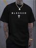100% Katoen Heren Casual Los Ademend Modieus Gezegende Kruis Print Comfortabel Sport T-shirt met Korte Mouwen en Ronde Hals