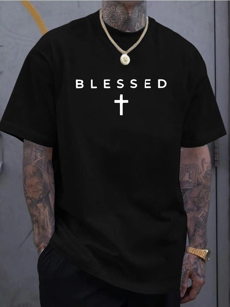 

100% Cotton Men s Casual Loose Breathable Fashionable Blessed Cross Print Comfortable Sports Short Sleeved Round Neck T-shirt 5XL