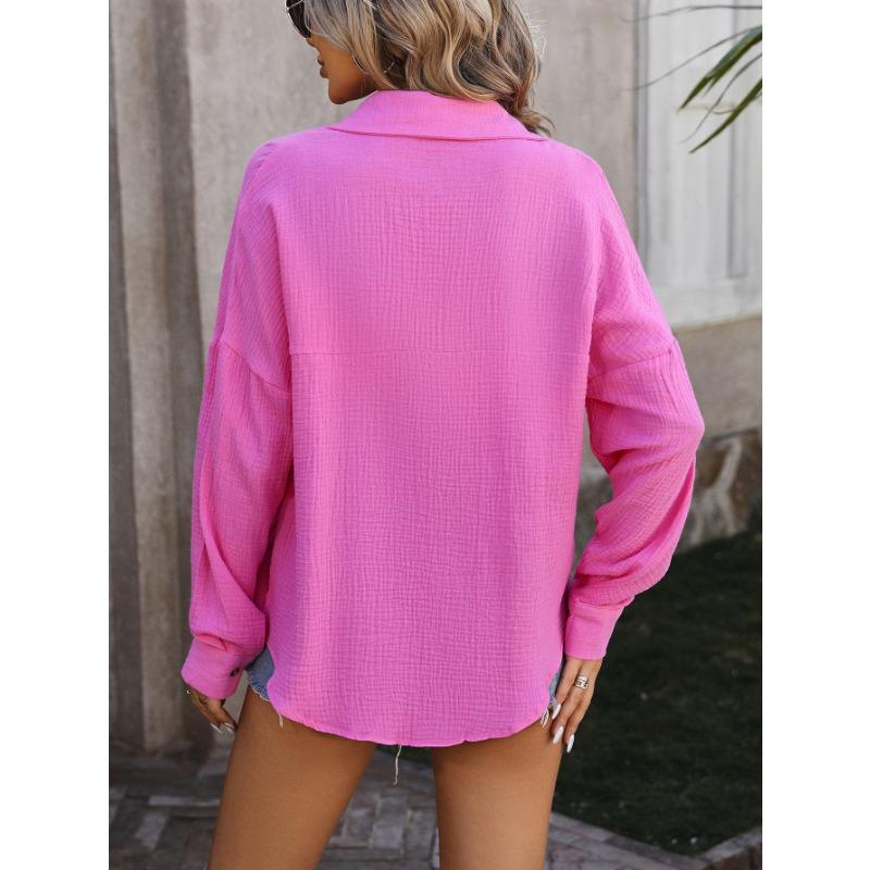 Spring and Autumn Women's Drop Shoulder Wrinkled Fabric Casual Long Sleeve Shirt