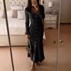 Women's Bright Yellow Long Knit Dress with Notch Collar and Ruffle Hem
