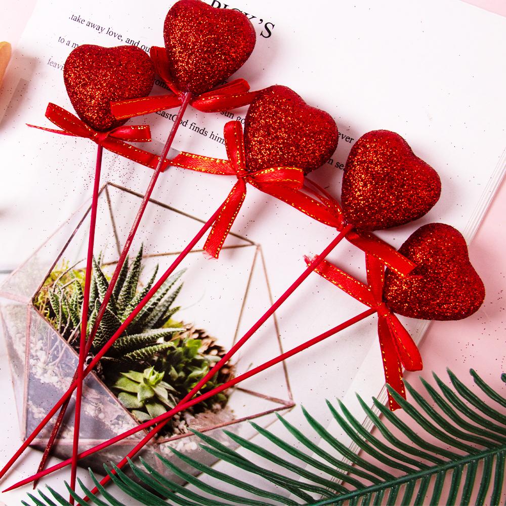 5pcs Valentine‘s Day Glitter Red Pink Foam Heart Picks Stick Wedding Mother's Day Flower Arrangements Floral Bouquet Home Decor