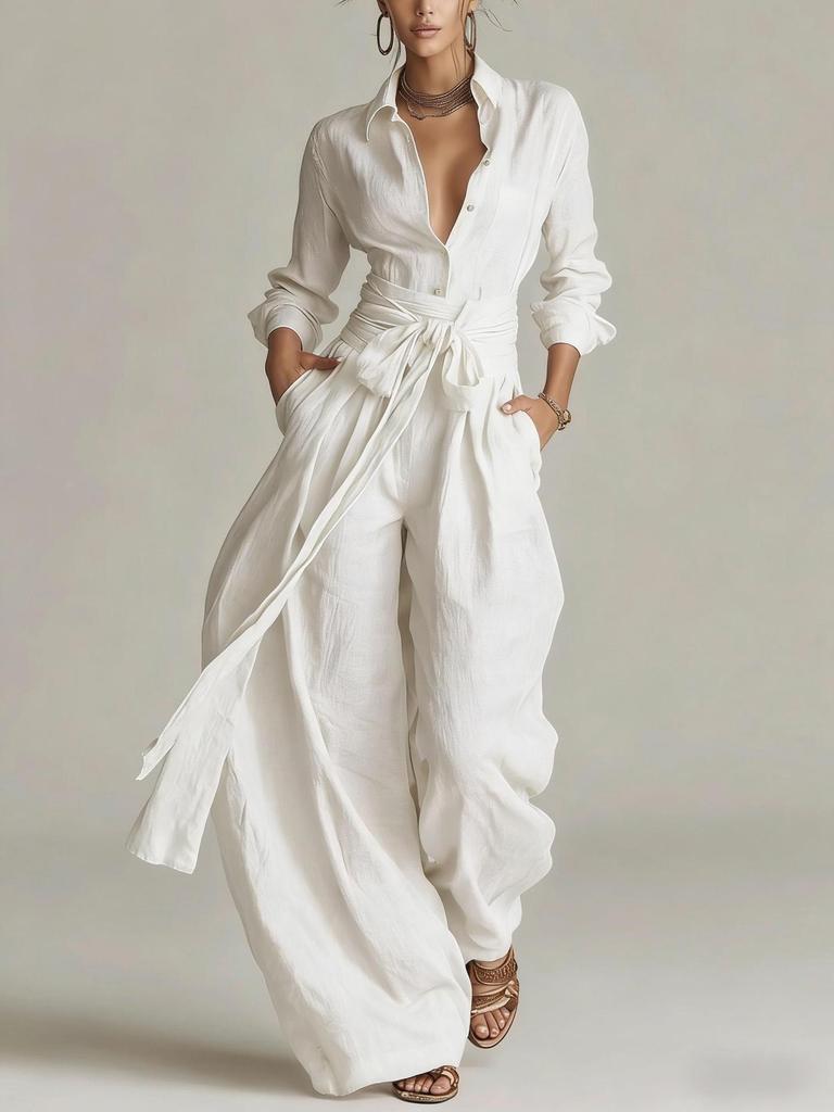 Traje de mujer de color liso con manga larga, cuello en V y pantalones de pierna ancha de cintura alta