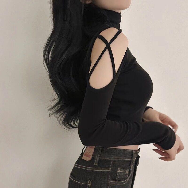 Spice Girl Off-Shoulder High Neck Pile Neck Short Skinny Long Sleeve T-Shirt Women's Slim Sexy Navel Hollow Chic Top