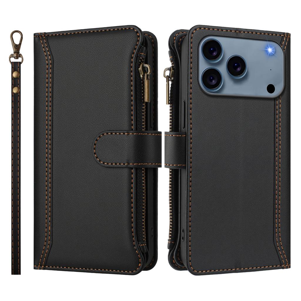 For iPhone 17 Pro Leather Case 9 Card Slots Zipper Wallet Stand Phone Cover with Wrist Strap