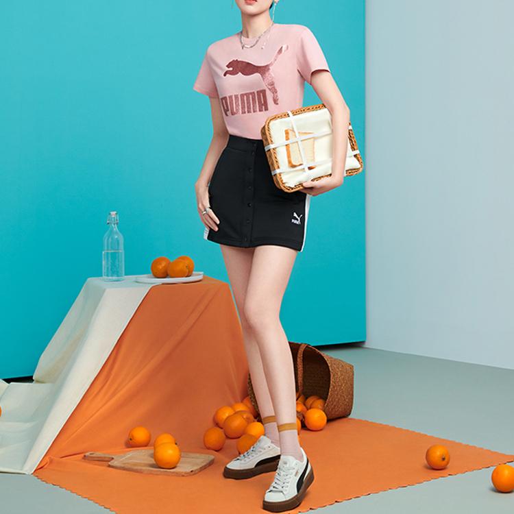 Puma Logo Print Round Neck Short Sleeve T-Shirt Women Tops Pink 530005-14